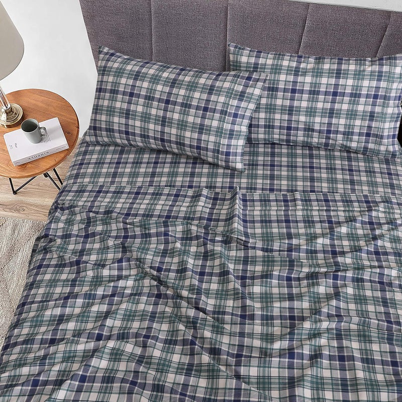 RUVANTI 100% Cotton King Size Sheets Set  4 Pieces  Soft & Breathable Percale Weave Bedding  Deep Pocket 16""  Hotel Standard  Crisp Cool Feel  Durable  Perfect Plaid Bed Sheet  Greenish Blue Plaid - Image 2
